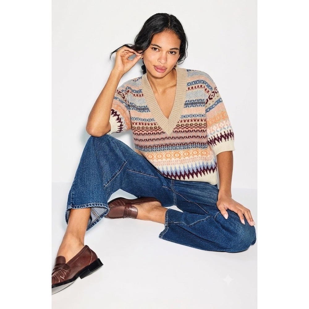 Weekend Max Mara Womens Fair Isle V-Neck Knit Sweater Multi-Color Size L